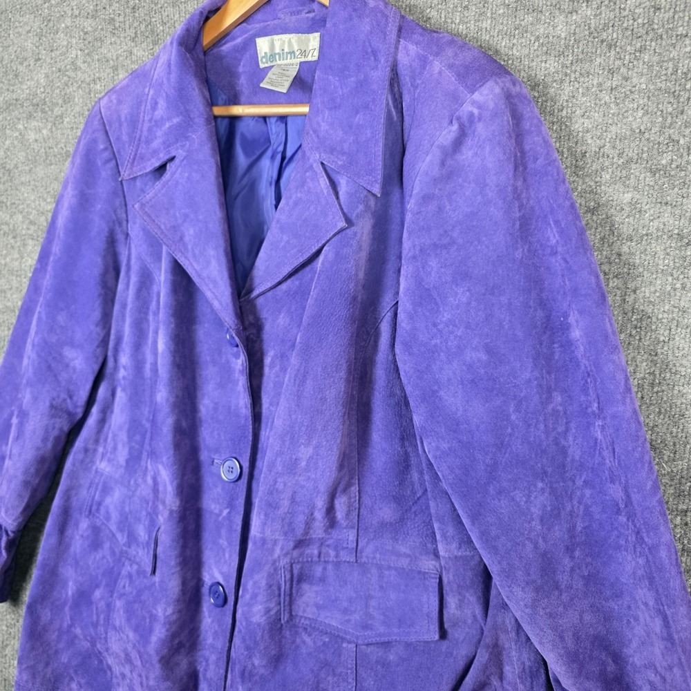 Vintage Denim 24/7 Purple Suede Leather Trench Coat Plus Size 18 Ruffle Retro - Picture 3 of 7